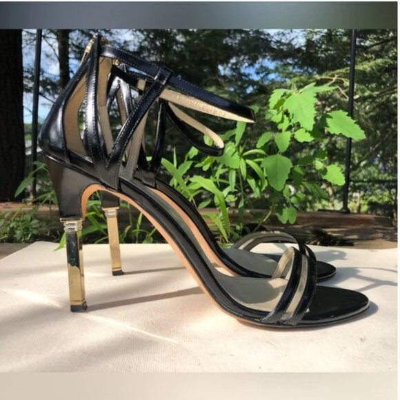 Mia Becar Leather Black Gold Heel back zipper High Heels open toe 38.5 US 8.5 - Picture 6 of 13